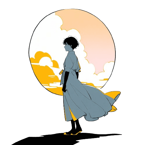 夕焼けを見て思索に耽る人のイラスト